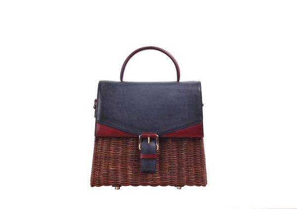 Secondhand 90% New New Lena Wicker Hand Bag (Navy/Ruby)