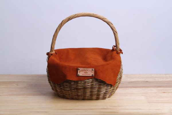 Secondhand 90% New Paniers Nem - Rattan Wicker Basket With A Lamb Leather Cover (Orange)
